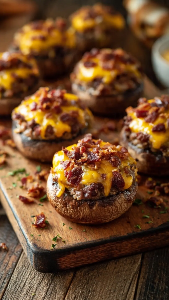 bacon cheeseburger stuffed mushrooms display