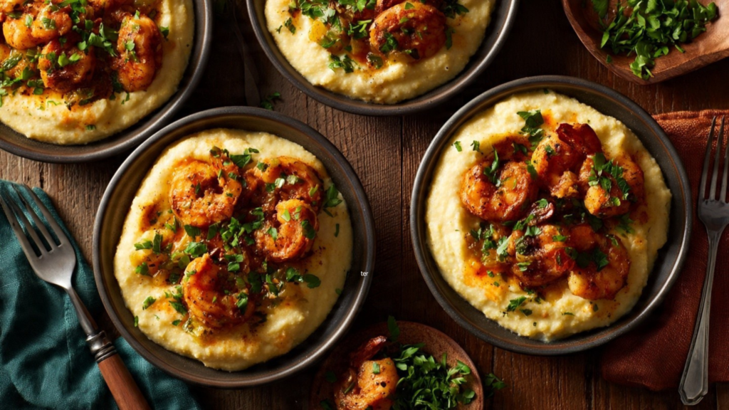 cajun shrimp and sausage cauliflower grits plated