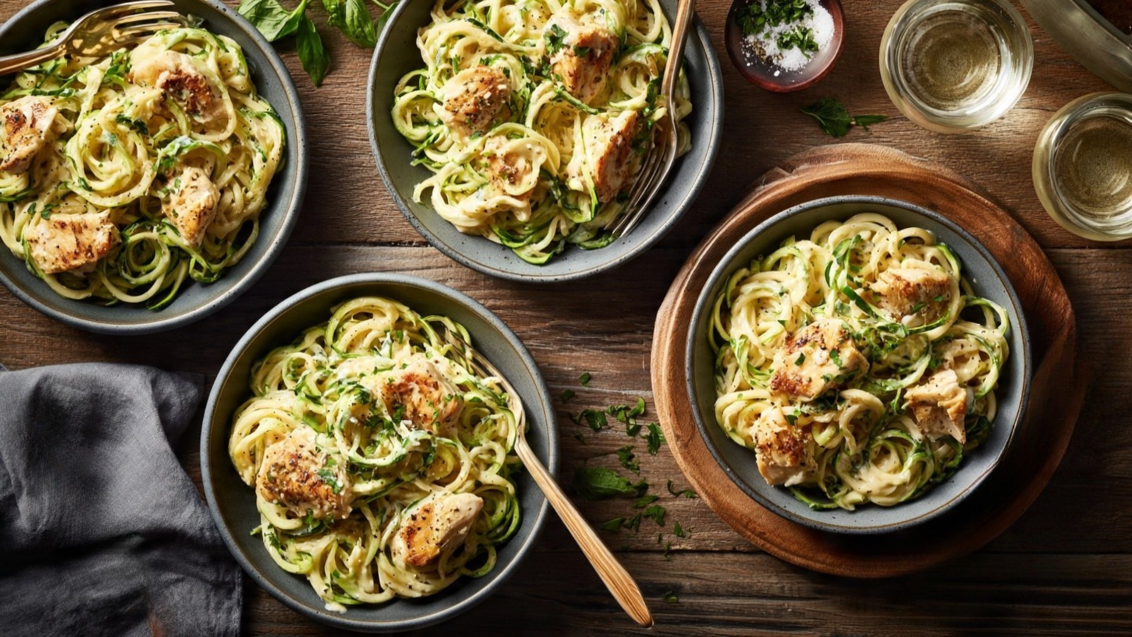 chicken alfredo zoodles plates