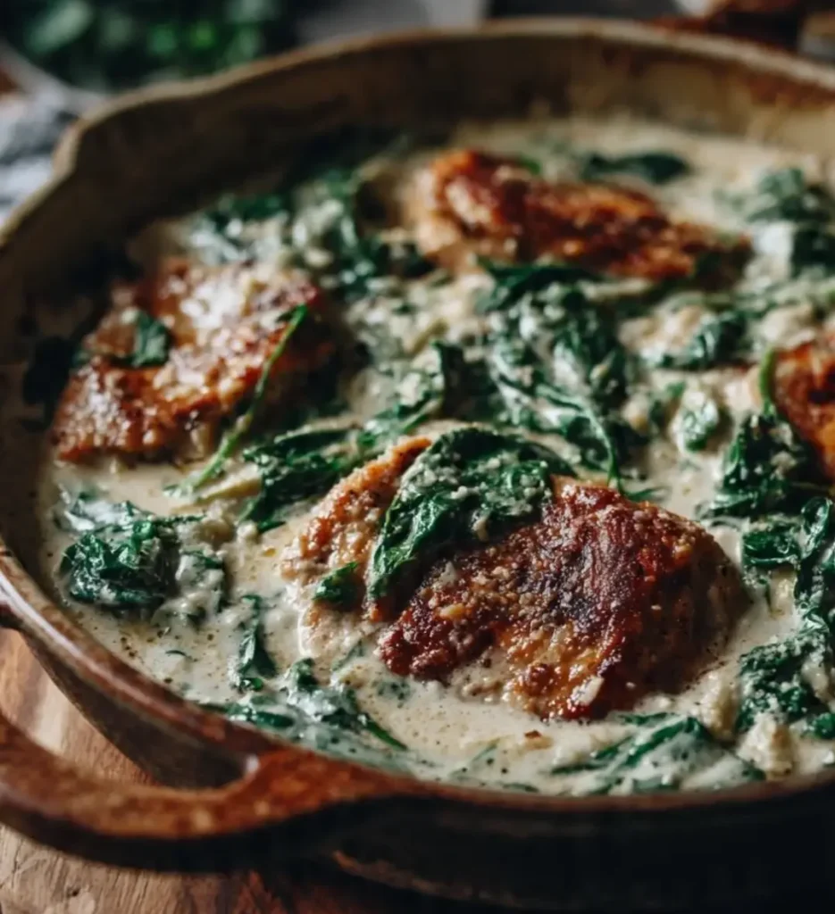 creamy garlic spinach chicken skillet display