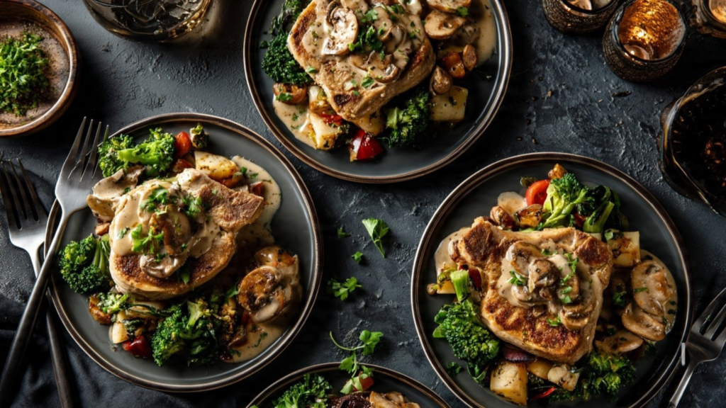 creamy mushroom pork chops plated