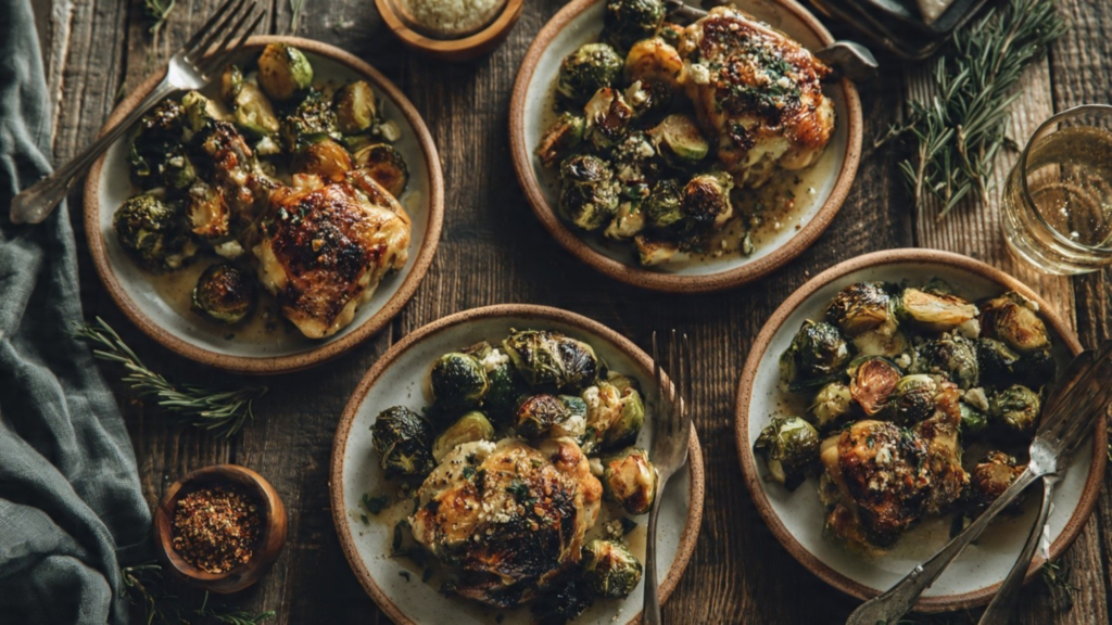 maple dijon roasted chicken & brussels sprouts plates