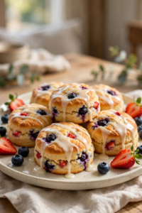 Glazed Keto Berry Biscuits (Tender Buttermilk Biscuits Filled with Juicy Berries and a Sweet Brown Butter Vanilla Glaze) 1 Glazed Keto Berry Biscuits plated